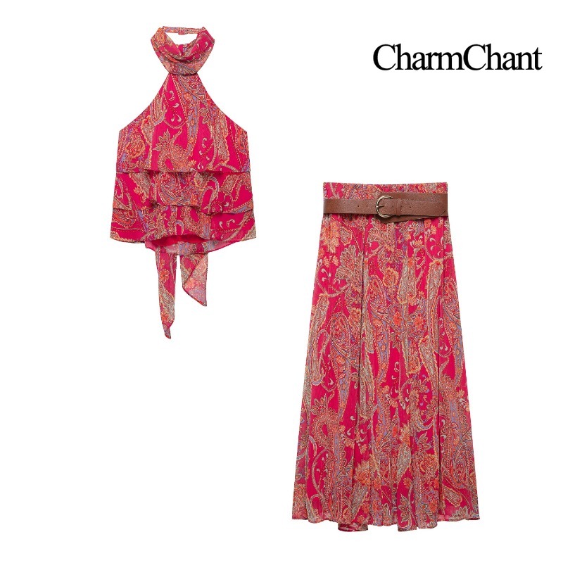 Romper Floral Print - CHARMCHANT レディース ペイズリープリント ホルターネック フリル ノースリーブトップ