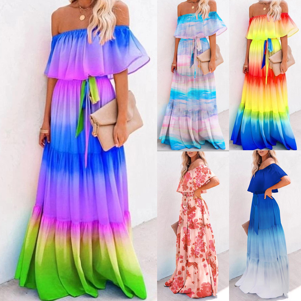 Linen Dress Wrap - 2026年女性用クロスボーダーウェア 敦煌風ラップチェストプリントグラデーションカラーマキシスカートドレス クリーンフィットリネンコットンミディドレス