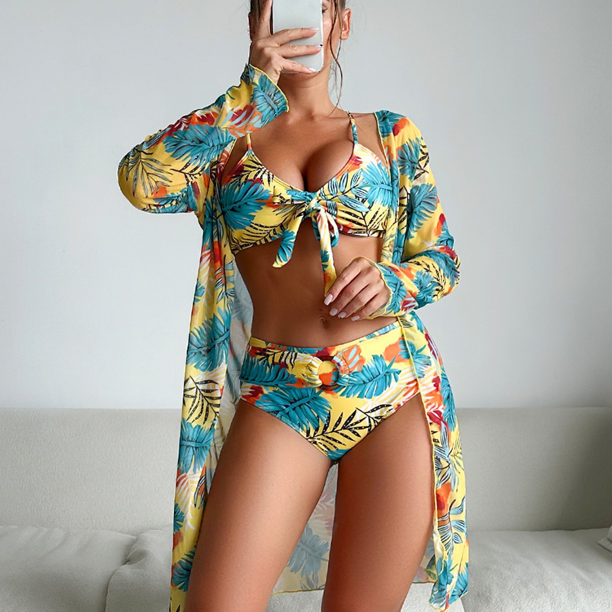 Kimono Sheer Floral - 女性用3ピース花柄水着 フロントノットビキニトップ ハイウエストスイムボトムス 長袖シアー着物カバーアップ ビーチ水着