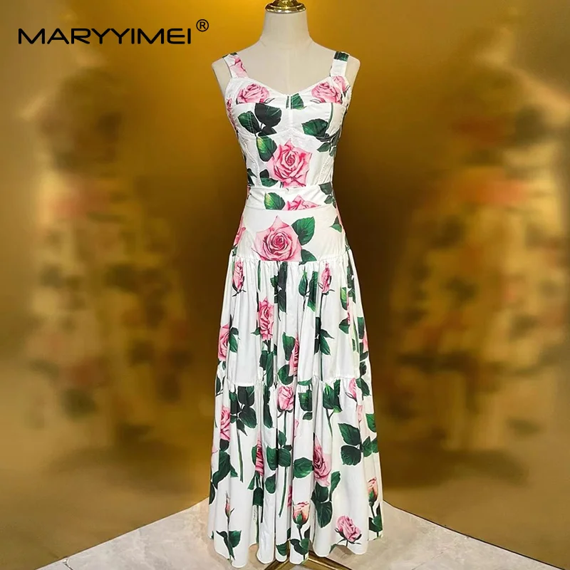 Romper Floral Print - MARYYIMEI 花柄プリーツスプライシングファッションスーツ女性用恋人ネックスパゲッティストラップトップス + A ラインビッグスイング 2
