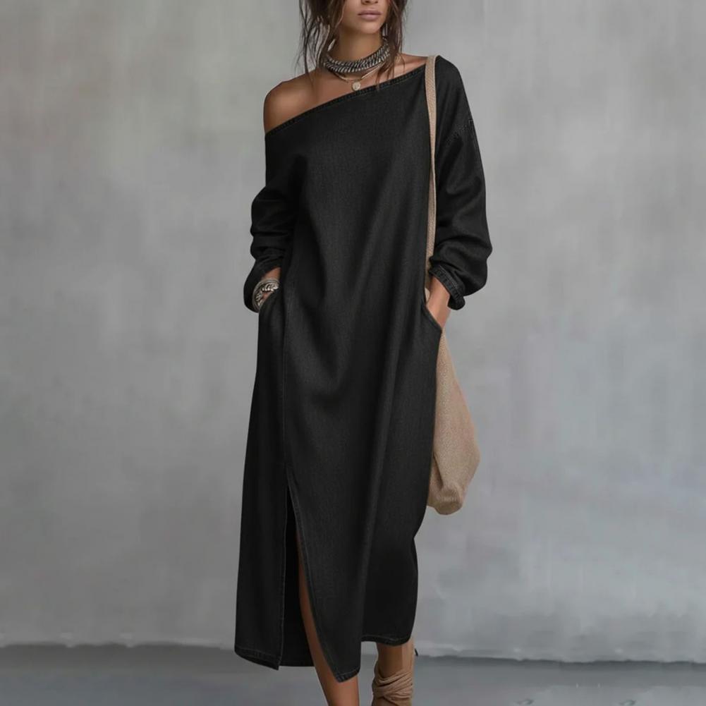レディースワンショルダーロングスリーブマキシワンピース、カジ - Linen Dress Wrap のレビューと価格