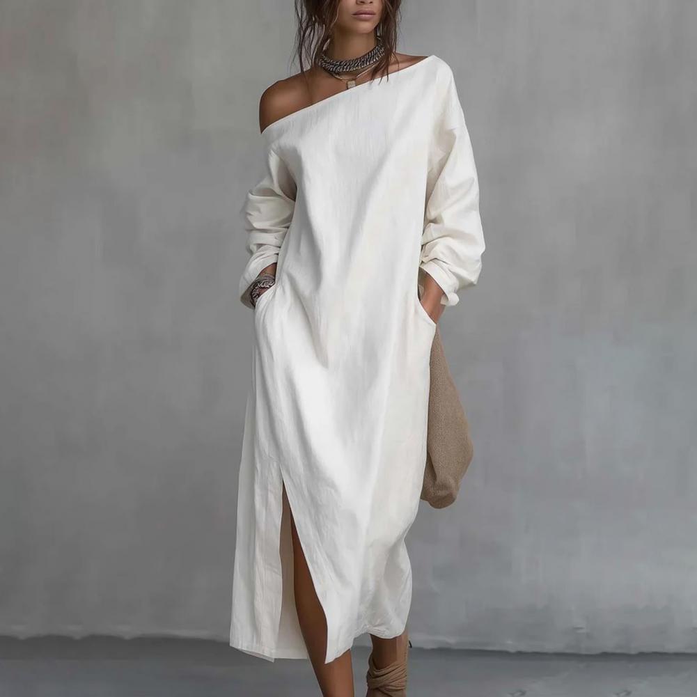 レディースワンショルダーロングスリーブマキシワンピース、カジ - Linen Dress Wrap のレビューと価格